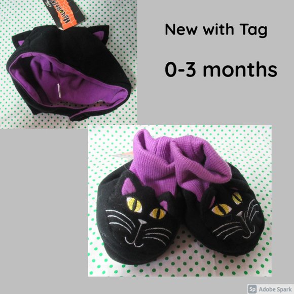 black cat hat with ears & matching black cat slippers 0-3 months - Picture 1 of 14